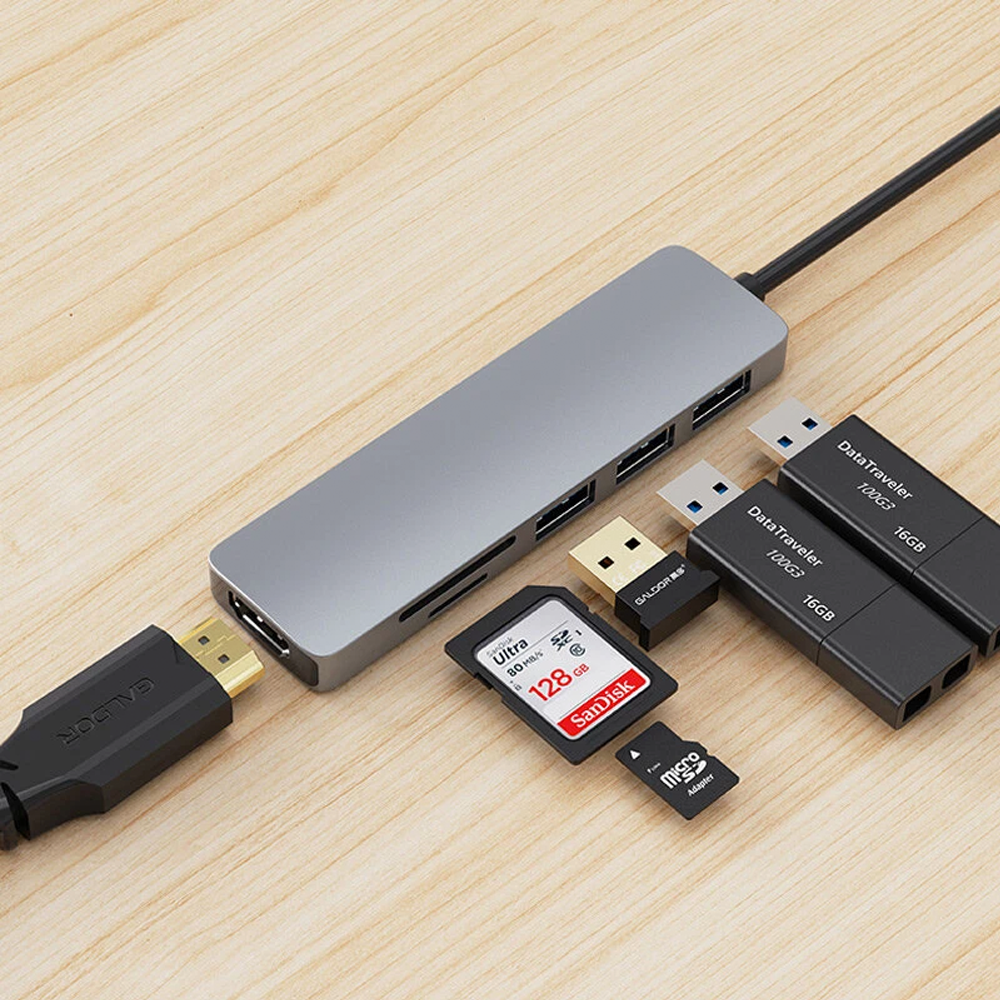 6-in-1 USB C HUB + Card Reader with 3 Port USB and HDMI Slot